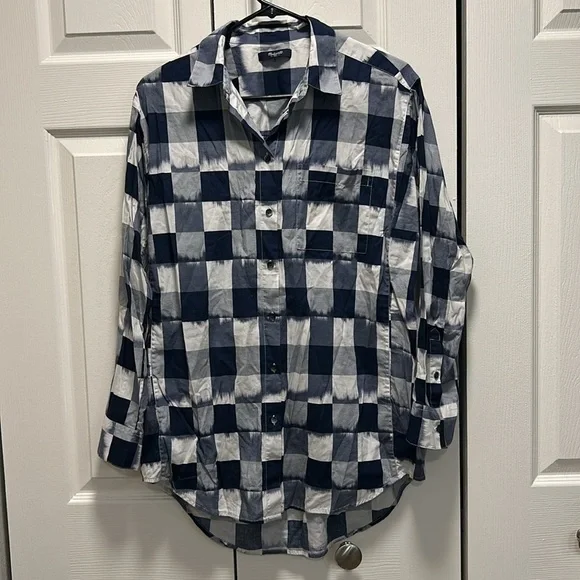 Madewell Bleeding Blue and White Plaid Women's Button-Up High Low Hem Top Small - Picture 3 of 7